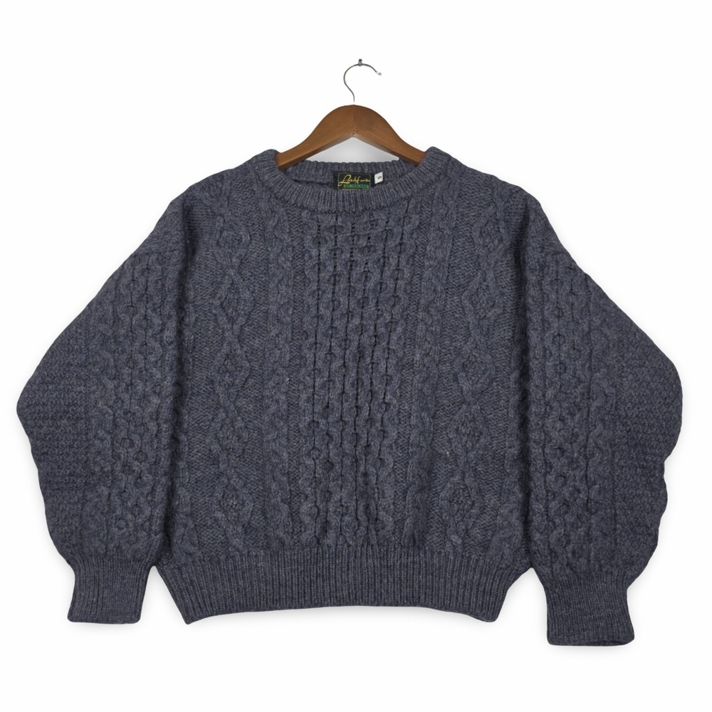 Ireland Wool Cable Knit Crewneck Sweater- Cropped, Purple Gray, S